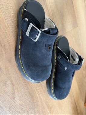 Dr. Martens Black Suede Mule Clogs with Sherpa lining up top